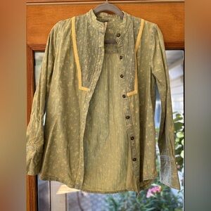 Free People: Green Button-Up Blouse with Yellow Trim